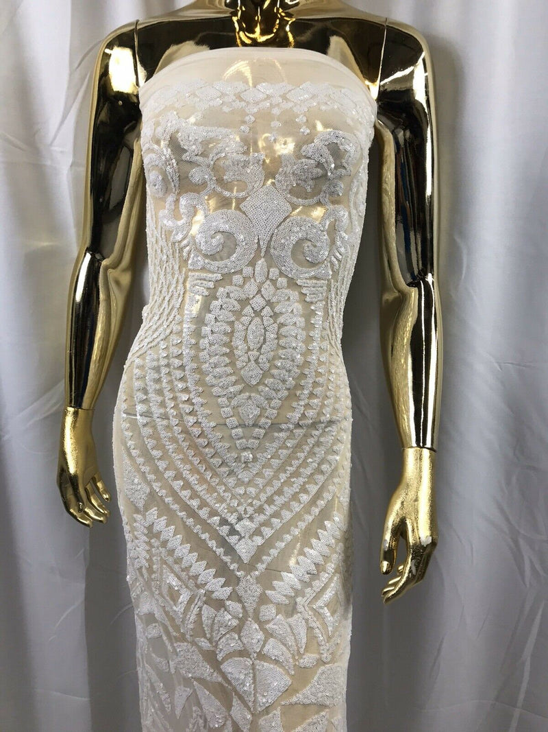 White Sequin Geometric Design, 4 Way Stretch Sequin Fabric On Spandex Mesh-Prom-Gown By The Yard