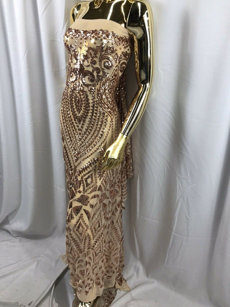 Rose Gold Sequin Geometric Design, 4 Way Stretch Sequin Fabric On Spandex Mesh-Prom-Gown By The Yard
