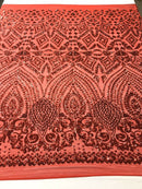 Red Sequin Geometric Design, 4 Way Stretch Sequin Fabric On Spandex Mesh-Prom-Gown By The Yard