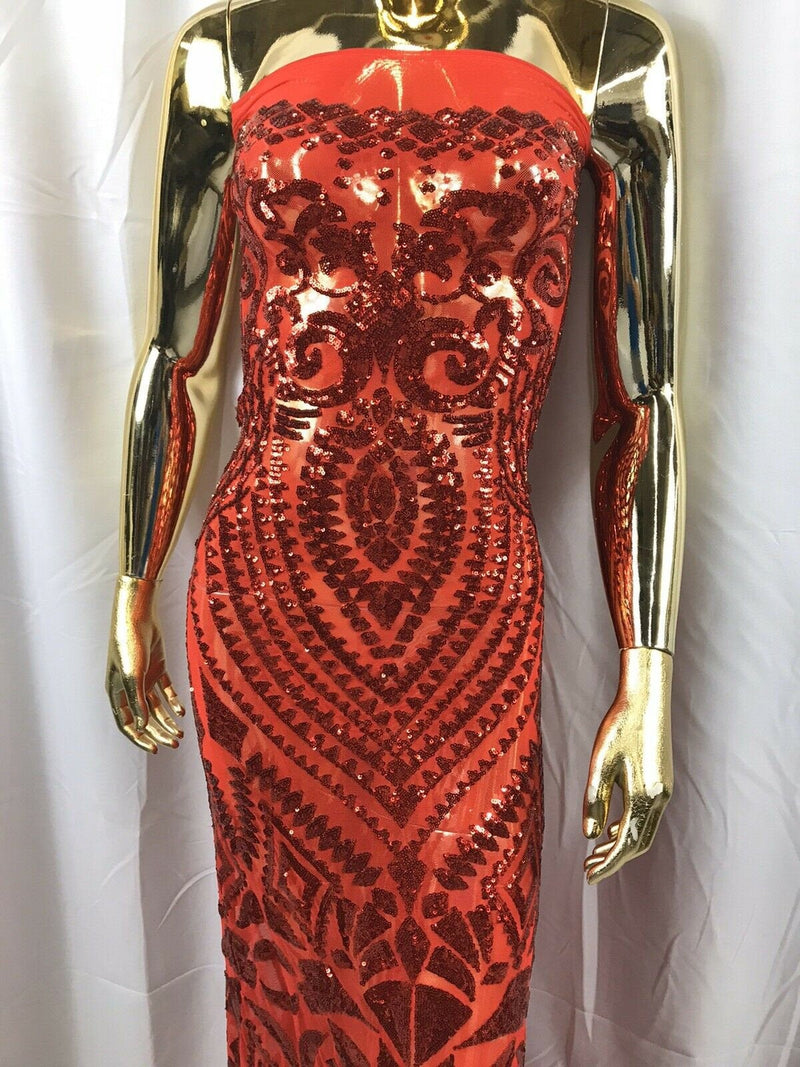 Red Sequin Geometric Design, 4 Way Stretch Sequin Fabric On Spandex Mesh-Prom-Gown By The Yard