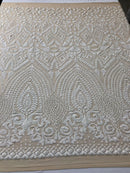 White Sequin/Nude Mesh Geometric Design, 4 Way Stretch Sequin Fabric On Spandex Mesh-Prom-Gown By The Yard