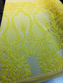 YELLOW Geometric Design On Spandex Mesh-Prom-Gown, 4 Way Stretch Sequin Fabric By The Yard