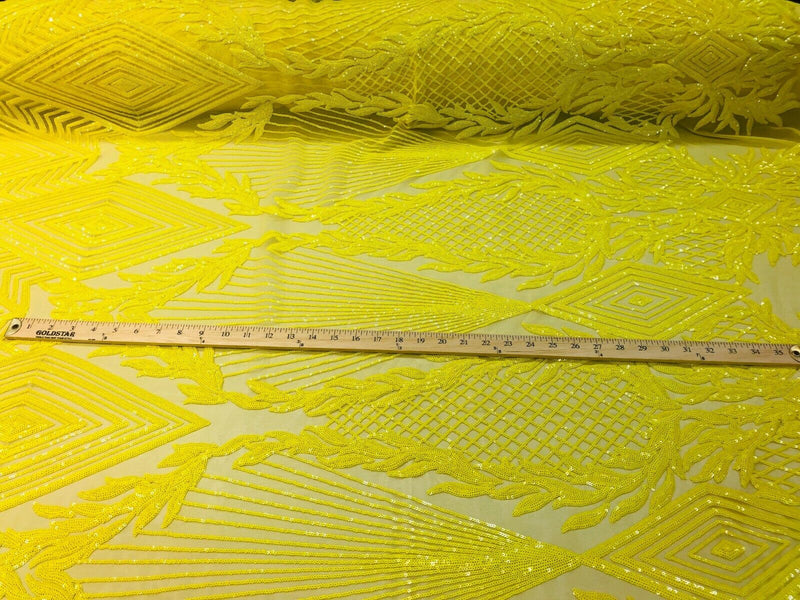 YELLOW Geometric Design On Spandex Mesh-Prom-Gown, 4 Way Stretch Sequin Fabric By The Yard