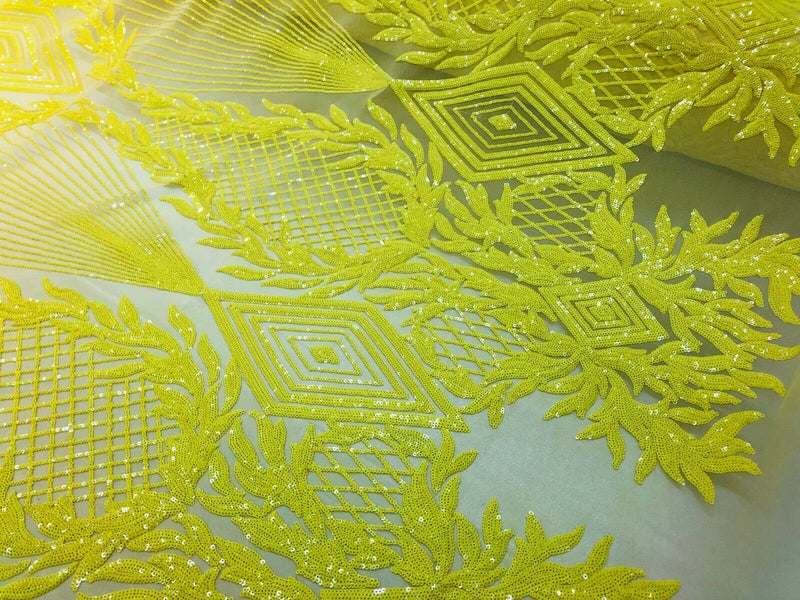 YELLOW Geometric Design On Spandex Mesh-Prom-Gown, 4 Way Stretch Sequin Fabric By The Yard