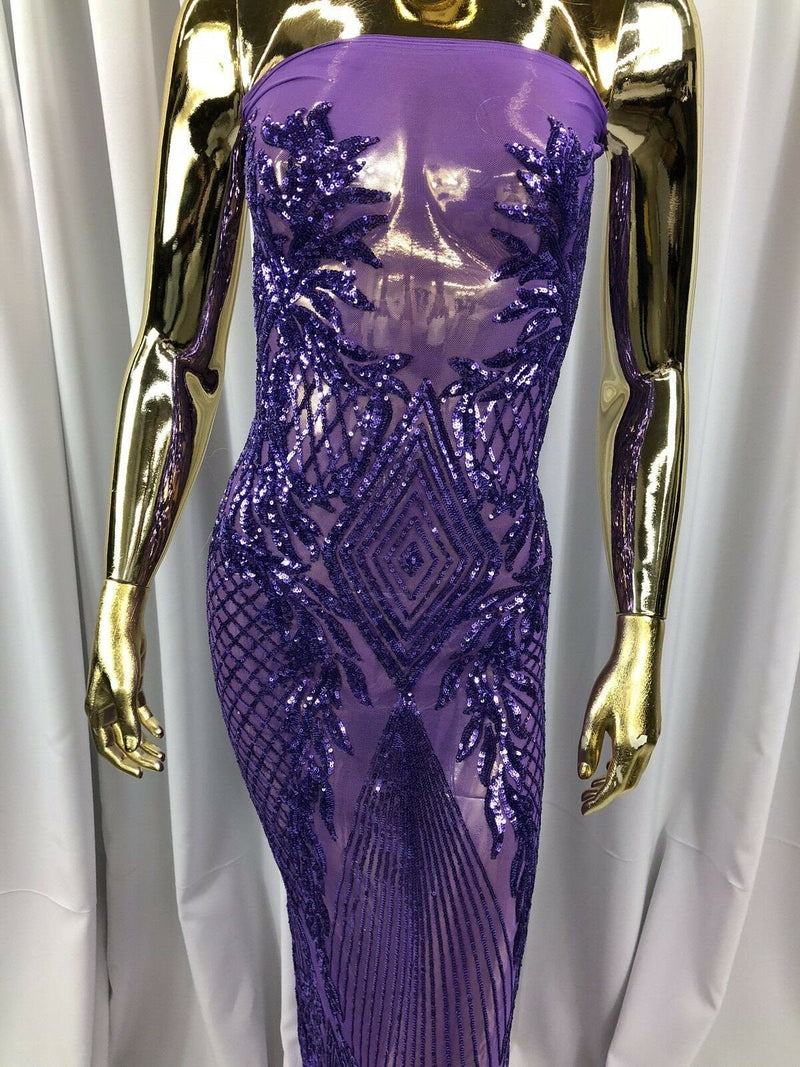 LILAC Geometric Design On Spandex Mesh-Prom-Gown, 4 Way Stretch Sequin Fabric By The Yard