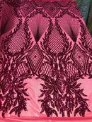 FUCHSIA Geometric Design On Spandex Mesh-Prom-Gown, 4 Way Stretch Sequin Fabric By The Yard