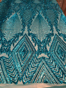 TURQUOISE Geometric Design On Spandex Mesh-Prom-Gown, 4 Way Stretch Sequin Fabric By The Yard