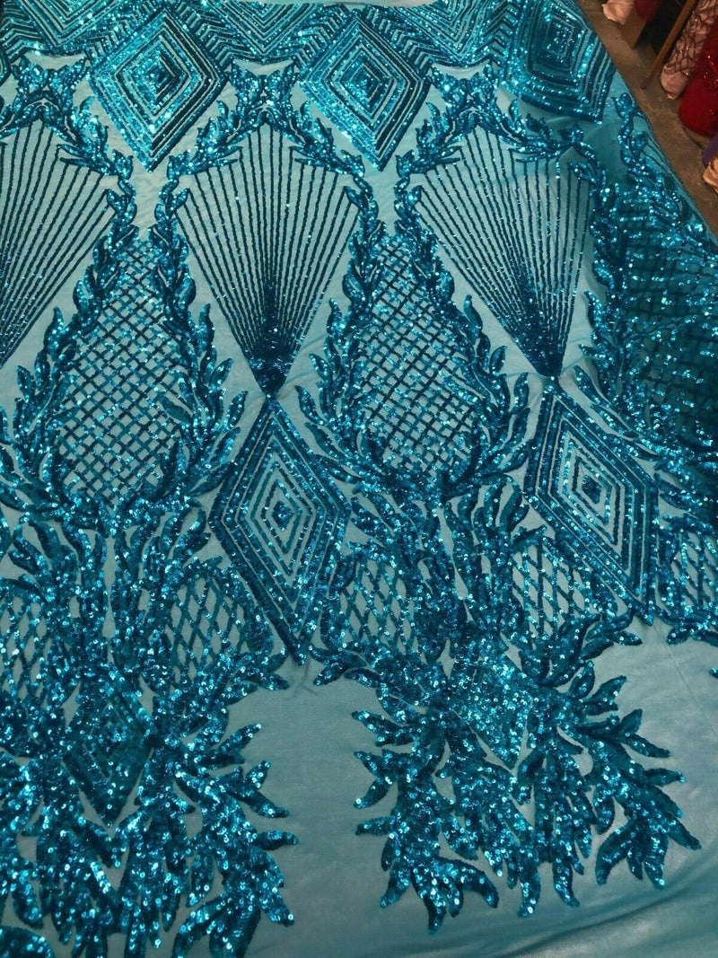 TURQUOISE Geometric Design On Spandex Mesh-Prom-Gown, 4 Way Stretch Sequin Fabric By The Yard