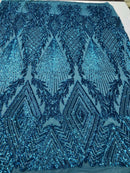 TURQUOISE Geometric Design On Spandex Mesh-Prom-Gown, 4 Way Stretch Sequin Fabric By The Yard
