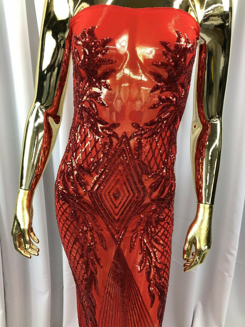 RED Geometric Design On Spandex Mesh-Prom-Gown, 4 Way Stretch Sequin Fabric By The Yard