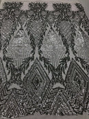 SILVER Geometric Design On Spandex Mesh-Prom-Gown, 4 Way Stretch Sequin Fabric By The Yard