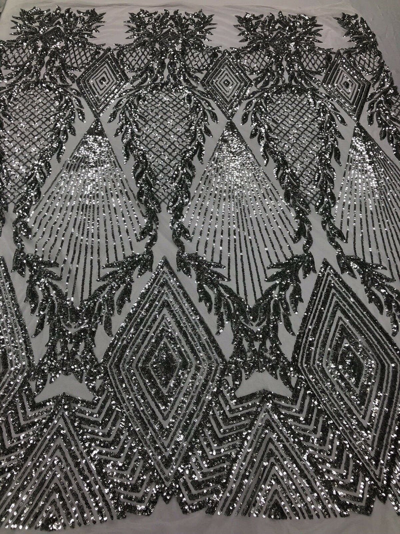 SILVER Geometric Design On Spandex Mesh-Prom-Gown, 4 Way Stretch Sequin Fabric By The Yard