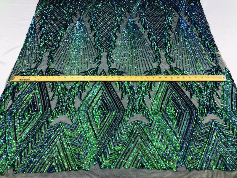 IRIDESCENT GREEN Geometric Design On Spandex Mesh-Prom-Gown, 4 Way Stretch Sequin Fabric By The Yard