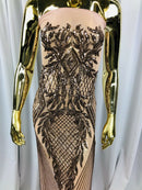 BUSTY ROSE Geometric Design On Spandex Mesh-Prom-Gown, 4 Way Stretch Sequin Fabric By The Yard
