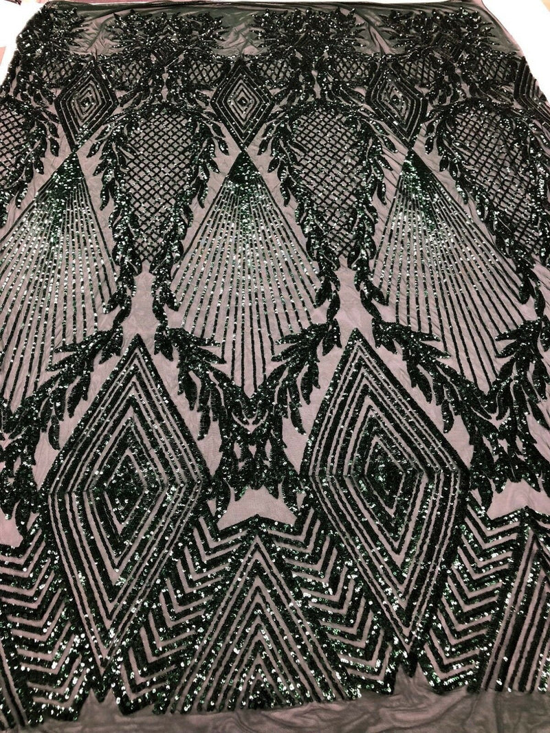 HUNTER GREEN Geometric Design On Spandex Mesh-Prom-Gown, 4 Way Stretch Sequin Fabric By The Yard
