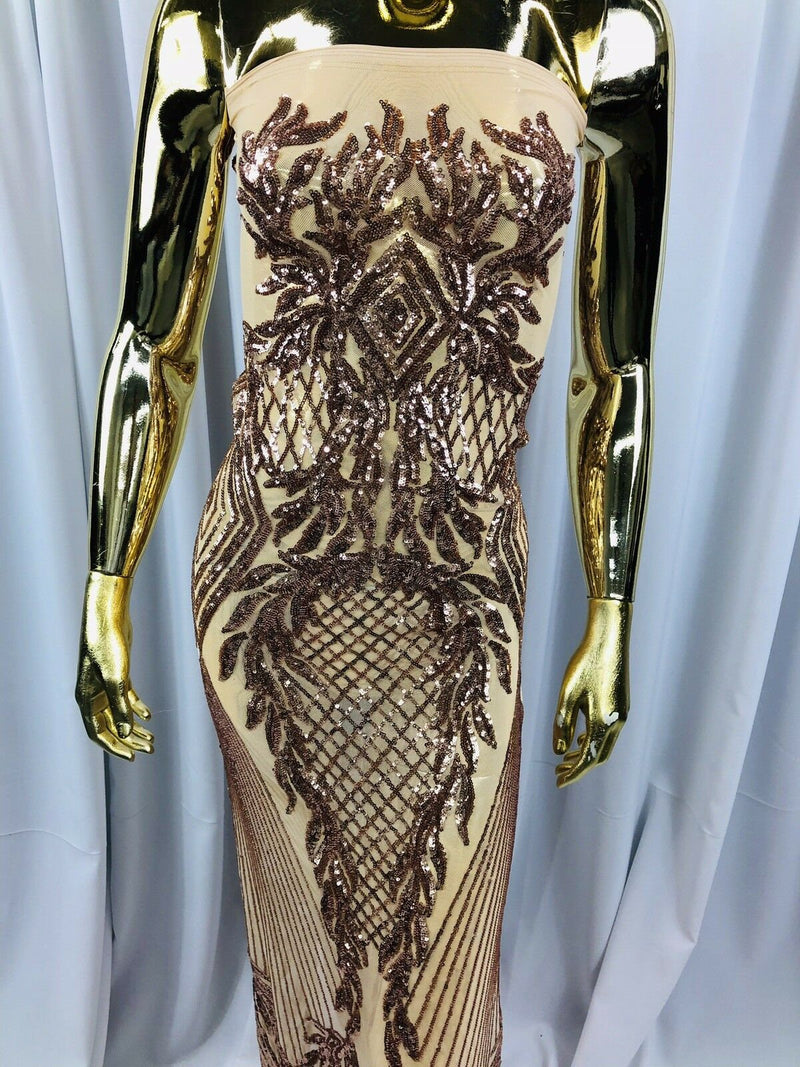 ROSE GOLD Geometric Design On Spandex Mesh-Prom-Gown, 4 Way Stretch Sequin Fabric By The Yard