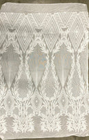 WHITE Geometric Design On Spandex Mesh-Prom-Gown, 4 Way Stretch Sequin Fabric By The Yard