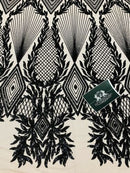 BLACK Geometric Design On Spandex NUDE Mesh-Prom-Gown, 4 Way Stretch Sequin Fabric By The Yard