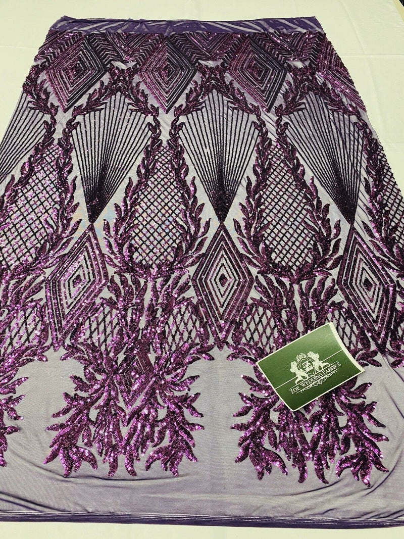 PLUM Geometric Design On Spandex Mesh-Prom-Gown, 4 Way Stretch Sequin Fabric By The Yard