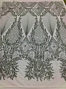 SILVER Geometric Design On Spandex Mesh-Prom-Gown, 4 Way Stretch Sequin Fabric By The Yard