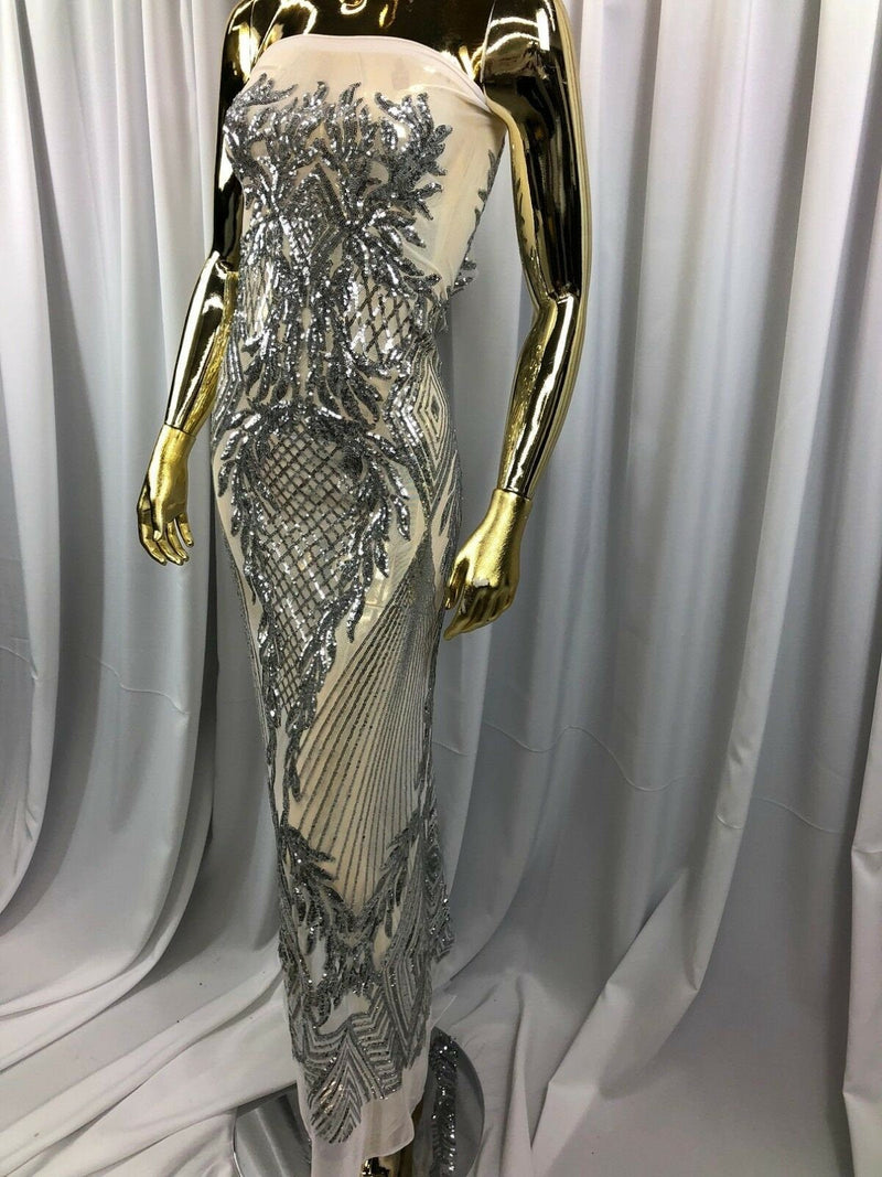 SILVER Geometric Design On Spandex Mesh-Prom-Gown, 4 Way Stretch Sequin Fabric By The Yard