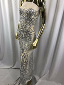 4 Way Stretch Fabric Design - Silver - Fancy Net Sequins Design Fabric By Yard