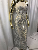 4 Way Stretch Fabric Design - Silver - Fancy Net Sequins Design Fabric By Yard