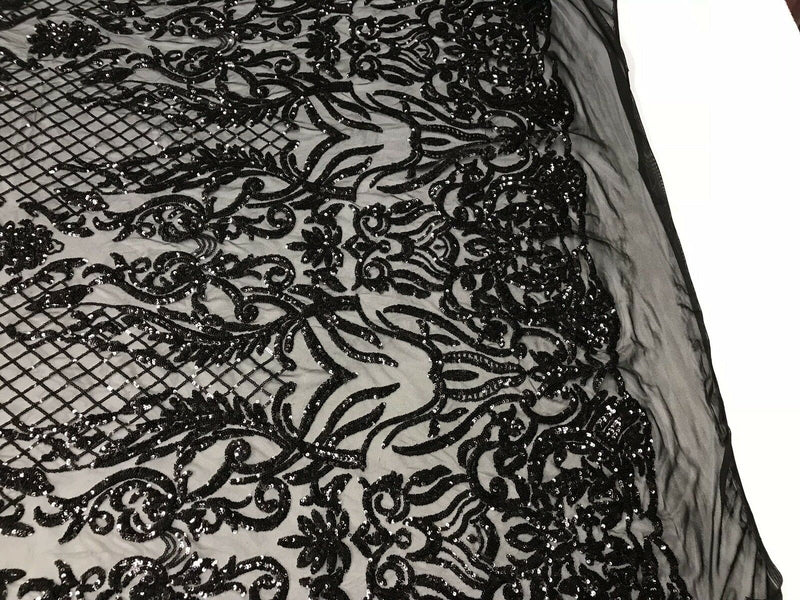 Black Sequin Embroidered a Mesh Spandex-Prom-Gown, 4 Way Stretch Sequin Fabric By The Yard