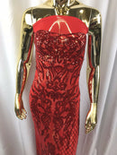 4 Way Stretch Fabric Design - Red - Fancy Net Sequins Design Fabric By Yard