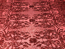 4 Way Stretch Fabric Design - Red - Fancy Net Sequins Design Fabric By Yard