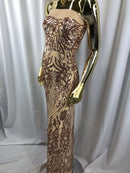 4 Way Stretch Fabric Design - Khaki - Fancy Net Sequins Design Fabric By Yard