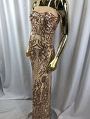 4 Way Stretch Fabric Design - Khaki - Fancy Net Sequins Design Fabric By Yard