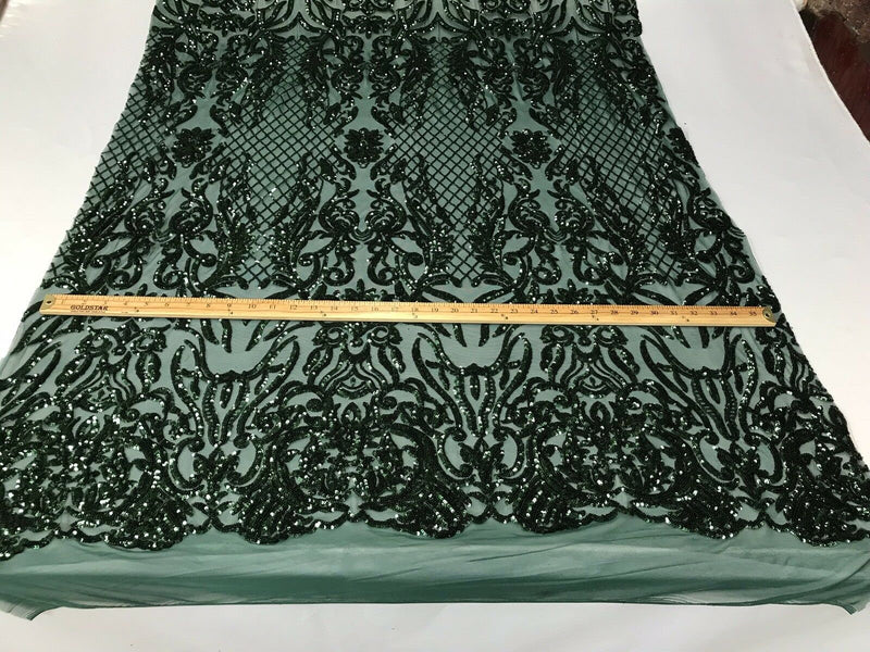 4 Way Stretch Fabric Design - Hunter Green - Fancy Net Sequins Design Fabric By Yard