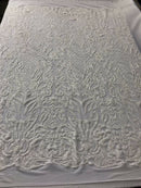 4 Way Stretch Fabric Design - White - Fancy Net Sequins Design Fabric By Yard