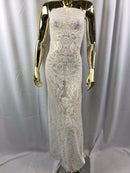 4 Way Stretch Fabric Design - White - Fancy Net Sequins Design Fabric By Yard