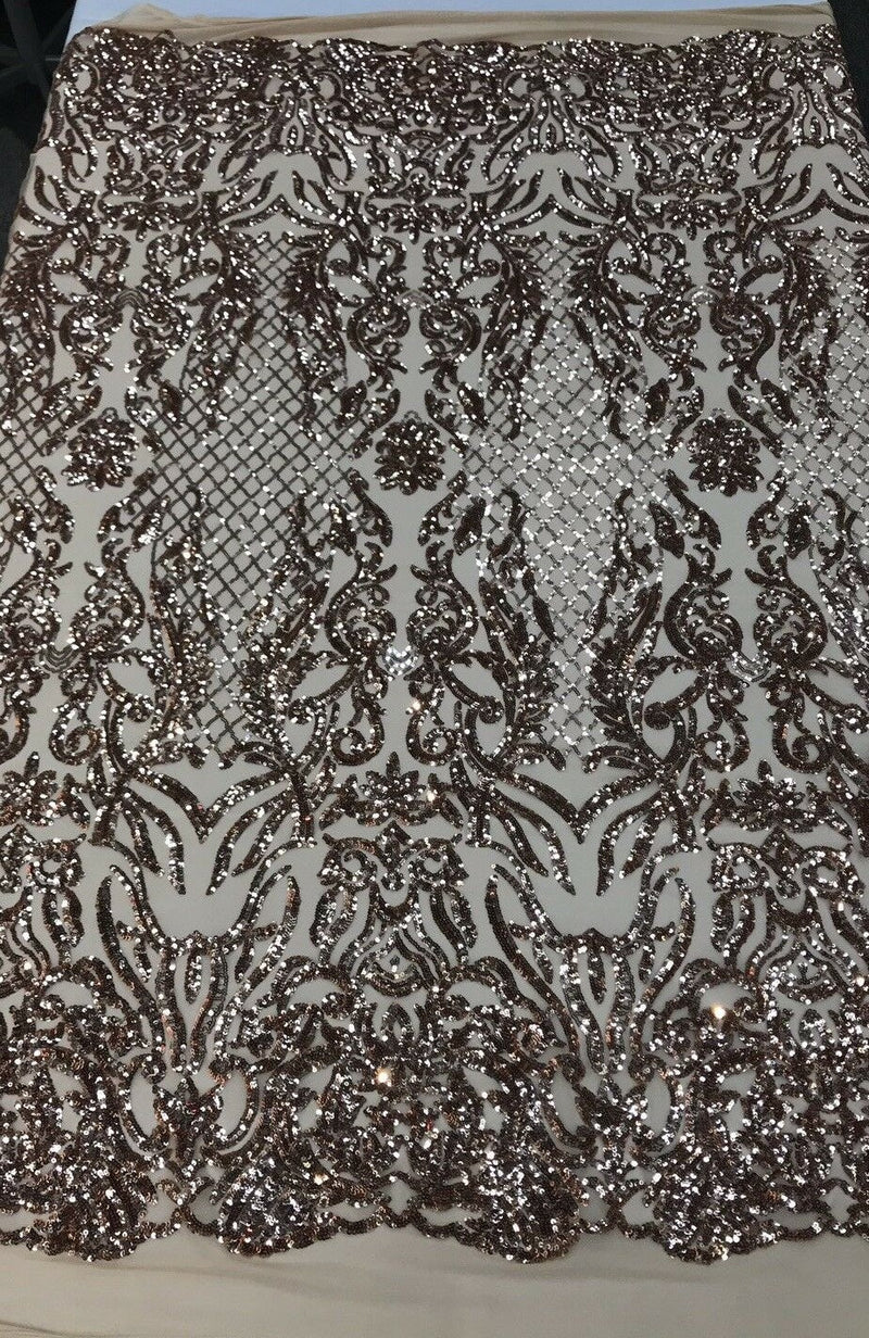 4 Way Stretch Fabric Design - Rose Gold - Fancy Net Sequins Design Fabric By Yard
