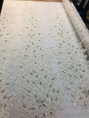 Fancy Beaded Fabric White - Embroidery Beads Mesh Fabric - Prom-Gown-Dress Sold By 2 Reathers