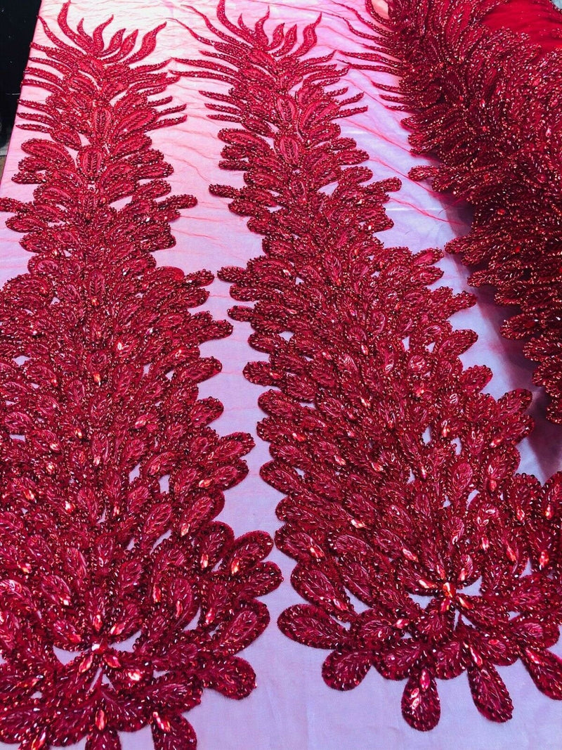 Fancy Beaded Fabric Red - Embroidery Beads Mesh Fabric - Prom-Gown-Dress Sold By 2 Reathers