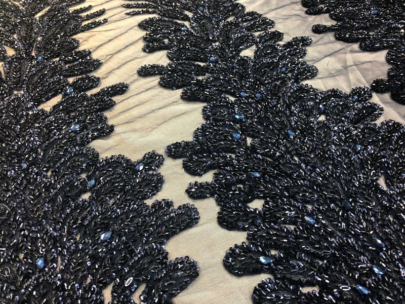 Fancy Beaded Fabric Navy - Embroidery Beads Mesh Fabric - Prom-Gown-Dress Sold By 2 Reathers