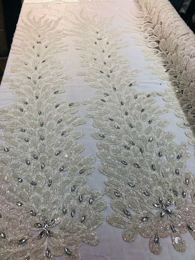 Fancy Beaded Fabric Ivory - Embroidery Beads Mesh Fabric - Prom-Gown-Dress Sold By 2 Reathers