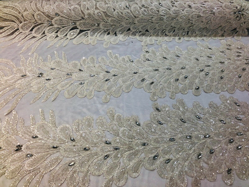 Fancy Beaded Fabric Ivory - Embroidery Beads Mesh Fabric - Prom-Gown-Dress Sold By 2 Reathers