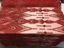 Red Beaded Embroidered Fancy Damask Spikes Pattern Fabric - Embroidery Fabric Beaded Mesh Material Sold in Many Colors by The Yard