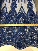 Royal Blue Beaded Embroidered Fancy Damask Spikes Pattern Fabric - Embroidery Fabric Beaded Mesh Material Sold in Many Colors by The Yard