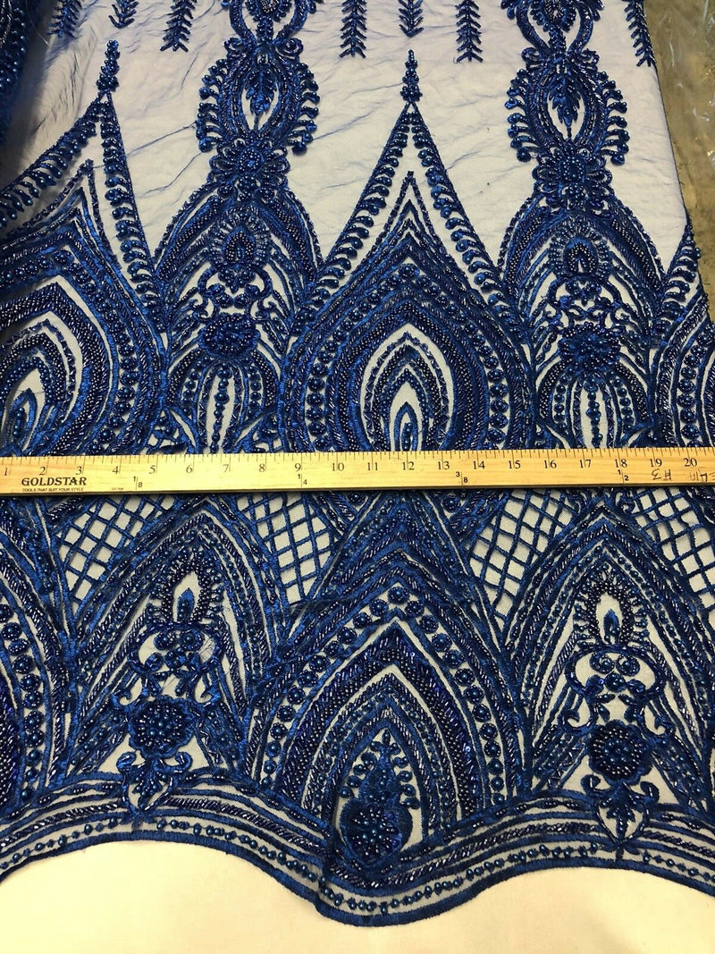 Royal Blue Beaded Embroidered Fancy Damask Spikes Pattern Fabric - Embroidery Fabric Beaded Mesh Material Sold in Many Colors by The Yard