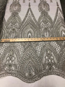 Silver Beaded Embroidered Fancy Damask Spikes Pattern Fabric - Embroidery Fabric Beaded Mesh Material Sold in Many Colors by The Yard