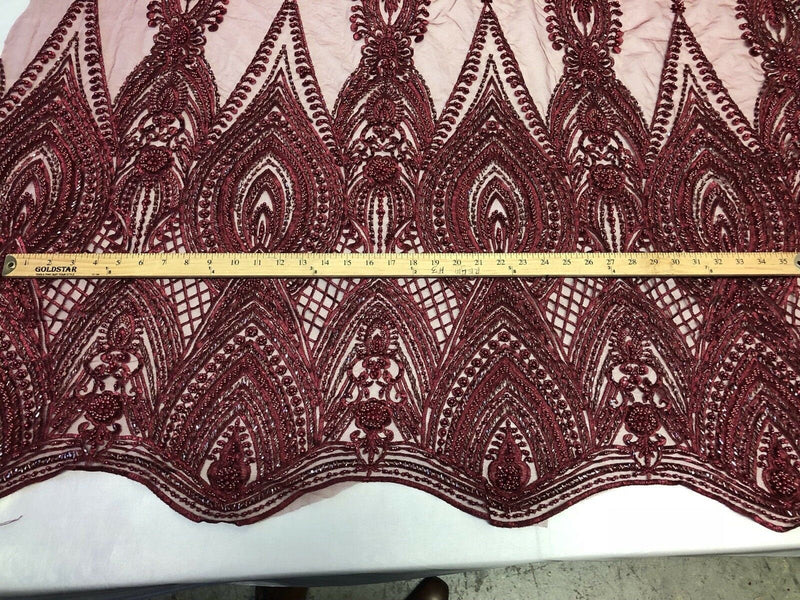 Burgundy Beaded Embroidered Fancy Damask Spikes Pattern Fabric - Embroidery Fabric Beaded Mesh Material Sold in Many Colors by The Yard