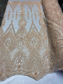 Peach Beaded Embroidered Fancy Damask Spikes Pattern Fabric - Embroidery Fabric Beaded Mesh Material Sold in Many Colors by The Yard