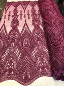 Magenta Beaded Embroidered Fancy Damask Spikes Pattern Fabric - Embroidery Fabric Beaded Mesh Material Sold in Many Colors by The Yard