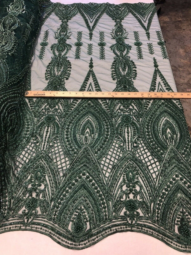 Hunter Green Beaded Embroidered Fancy Damask Spikes Pattern Fabric - Embroidery Fabric Beaded Mesh Material Sold in Many Colors by The Yard