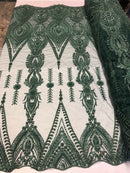 Hunter Green Beaded Embroidered Fancy Damask Spikes Pattern Fabric - Embroidery Fabric Beaded Mesh Material Sold in Many Colors by The Yard